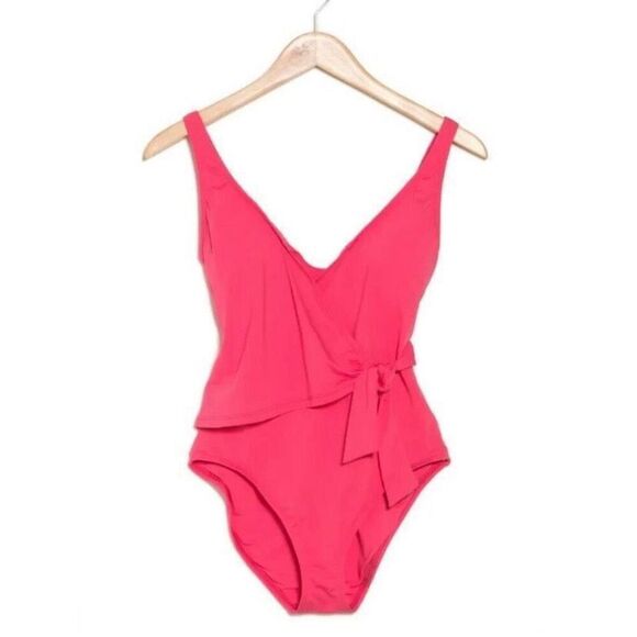 Tommy Bahama Coral Pink Tie Front Wrap One Piece Padded Swimsuit NWT Size 4 - Picture 1 of 6